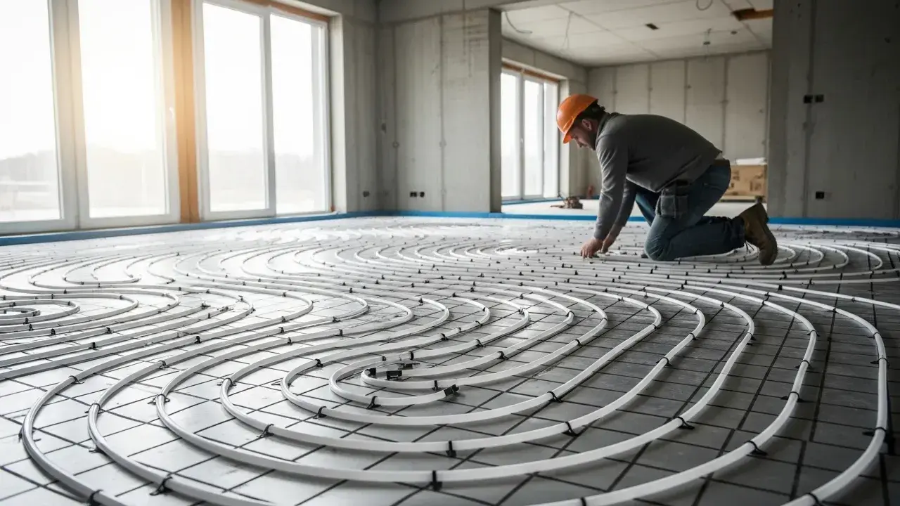 Un ouvrier installe un réseau de tubes pour un plancher chauffant électrique. Il est essentiel de bien comment tester un plancher chauffant électrique avant de couler la chape.