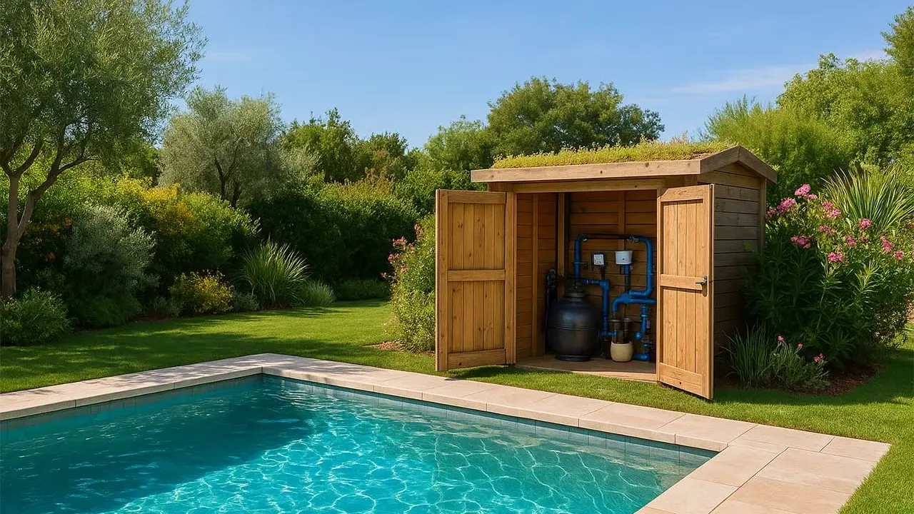 Petit cabanon en bois abritant le local technique de la piscine, avec son équipement de filtration et de traitement de l'eau.