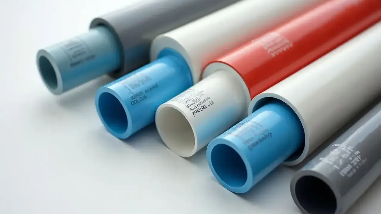 Plusieurs tuyaux en plastique de différentes couleurs (bleu, blanc, rouge, gris) sont alignés, certains emboîtés.
