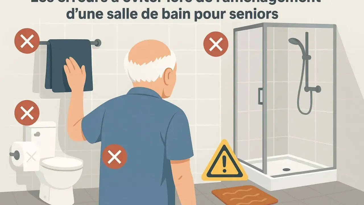 Illustration montrant une salle de bain avec des erreurs à éviter pour une salle de bain pmr. Un homme âgé est présent.