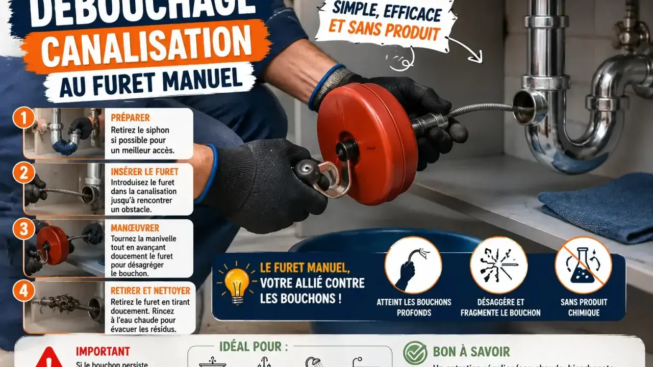 Un homme utilise un furet manuel pour le nettoyage d'un tuyau bouché sous un évier. Méthode simple et efficace.