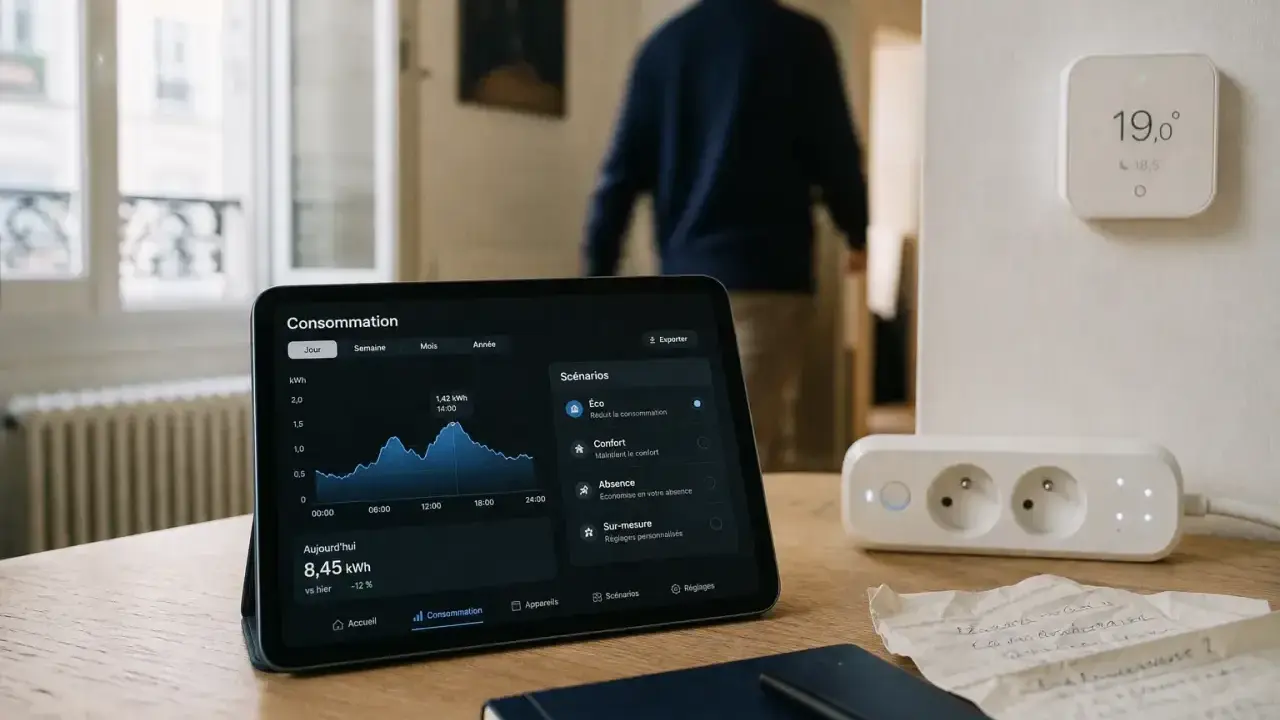Tablette affichant la consommation d'énergie, thermostat connecté et prise intelligente. La domotique chauffage optimise le confort et les économies.