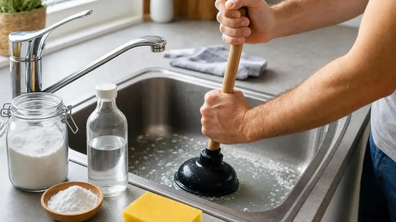 Un homme utilise une ventouse pour essayer de déboucher un évier, mais c'est impossible de déboucher les toilettes. Du bicarbonate de soude et du vinaigre sont à proximité.