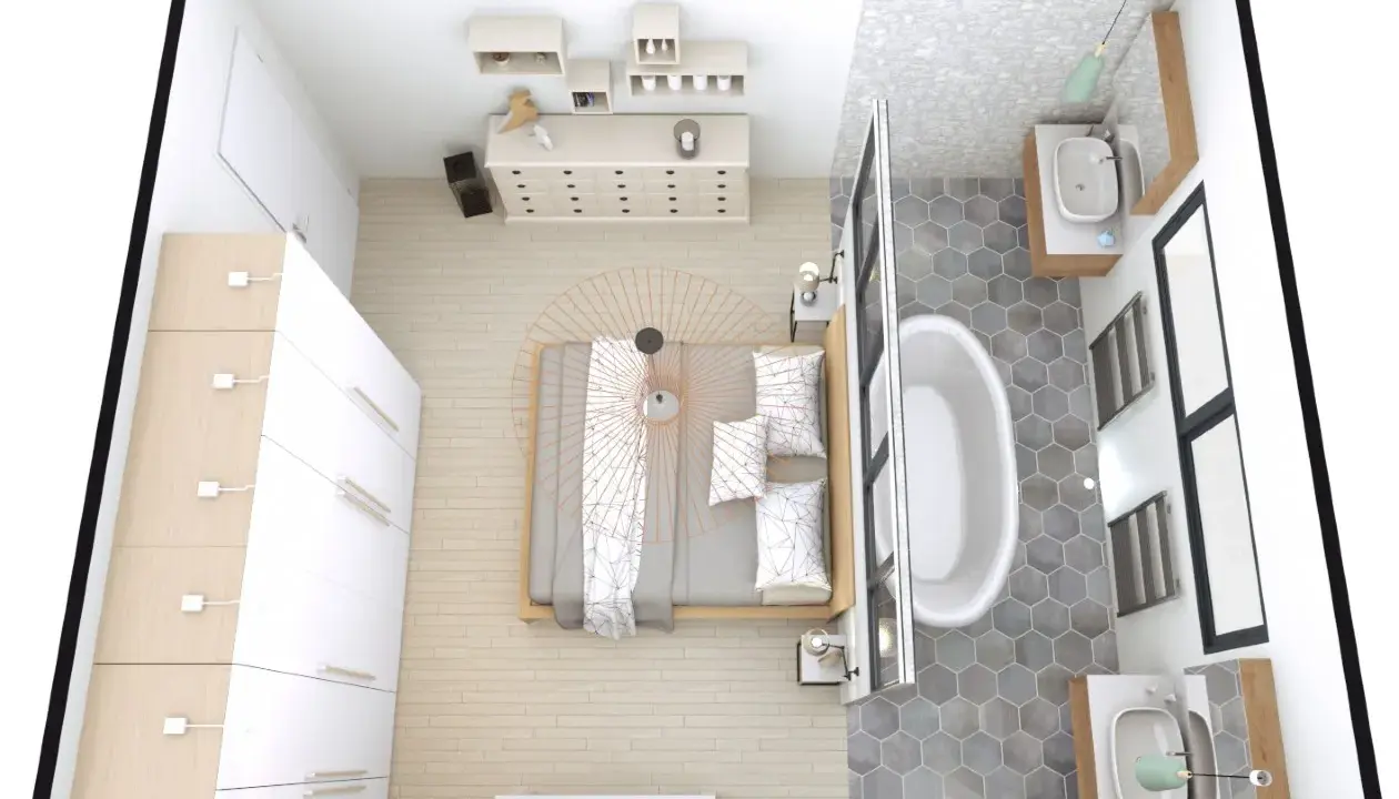 Plan d'une suite parentale : chambre avec lit, dressing et salle de bain attenante avec baignoire et double vasque.