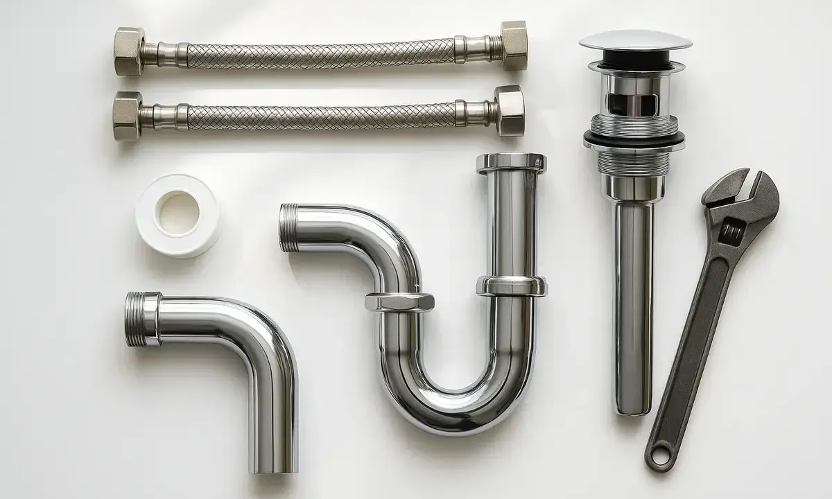 Ensemble de plomberie chromé : tuyaux flexibles, siphon, bonde et clé. Prêt pour un raccord SMS parfait.