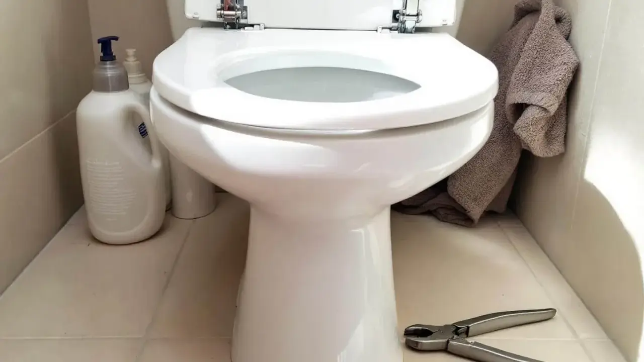 Préparez-vous à changer l'abattant WC. Nettoyants, serviette et pince à portée de main pour le bricolage.