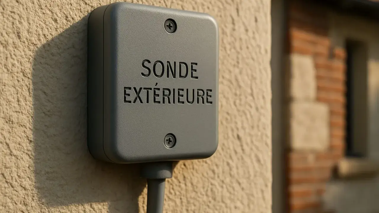 Boîtier gris fixé au mur, marqué "SONDE EXTÉRIEURE". Un câble en sort.