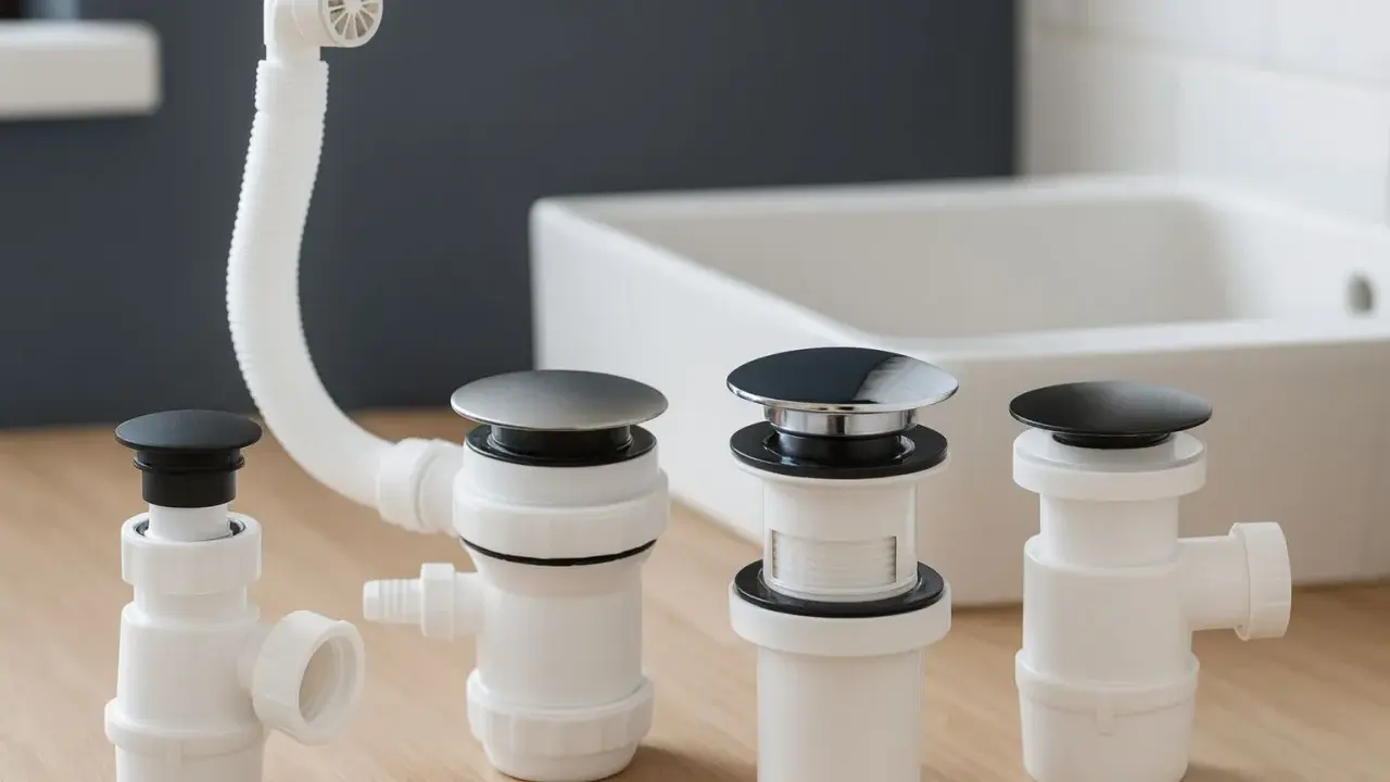 Ensemble de bondes de silicone pour évier, avec tuyau de vidange flexible et bouchons noirs et chromés.