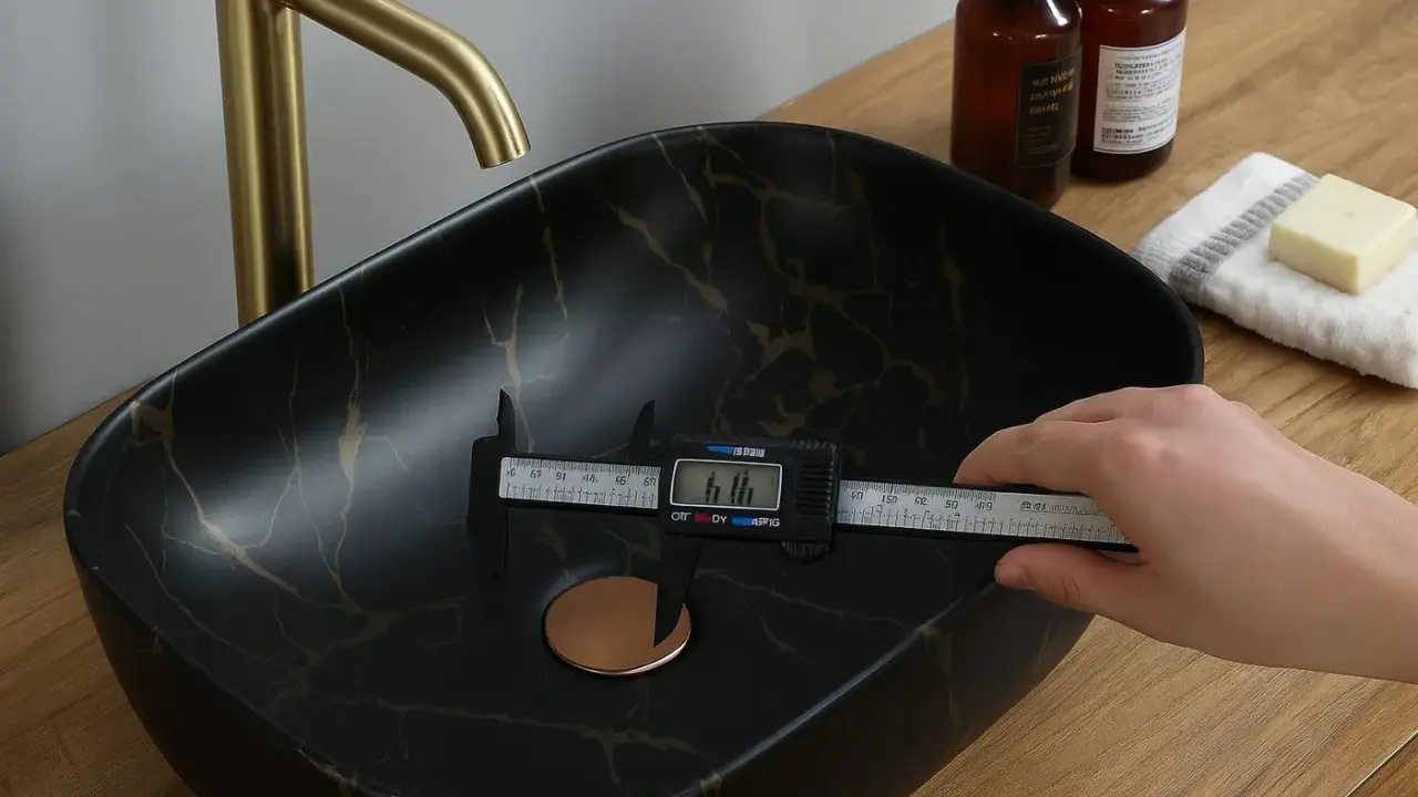 Mesure du diamètre de la bonde universelle d'un lavabo noir marbré d'or.
