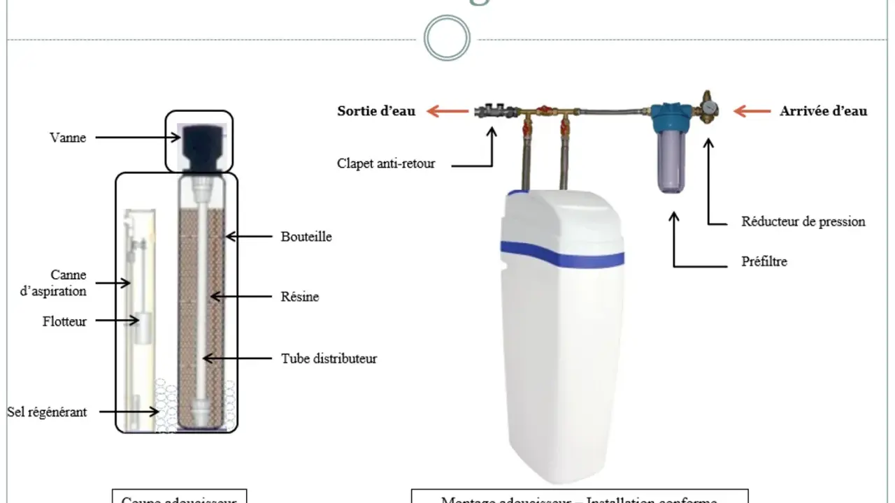 Schéma montrant la nomenclature et le montage d'un adoucisseur d'eau, avec ses composants et les étapes pour installer un adoucisseur d'eau.