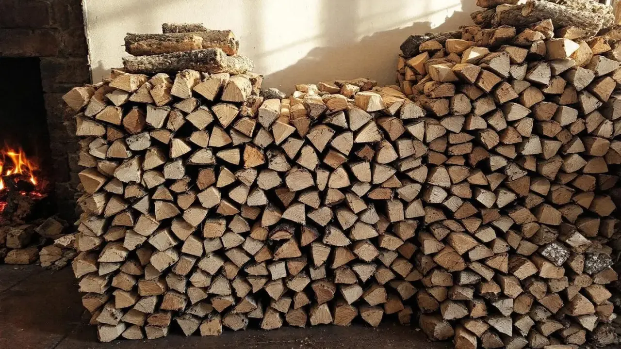 Gros tas de bois de chauffage empilés, prêts à être utilisés dans la cheminée. L'image montre une grande quantité de bois coupé, parfait pour stocker le bois de chauffage.