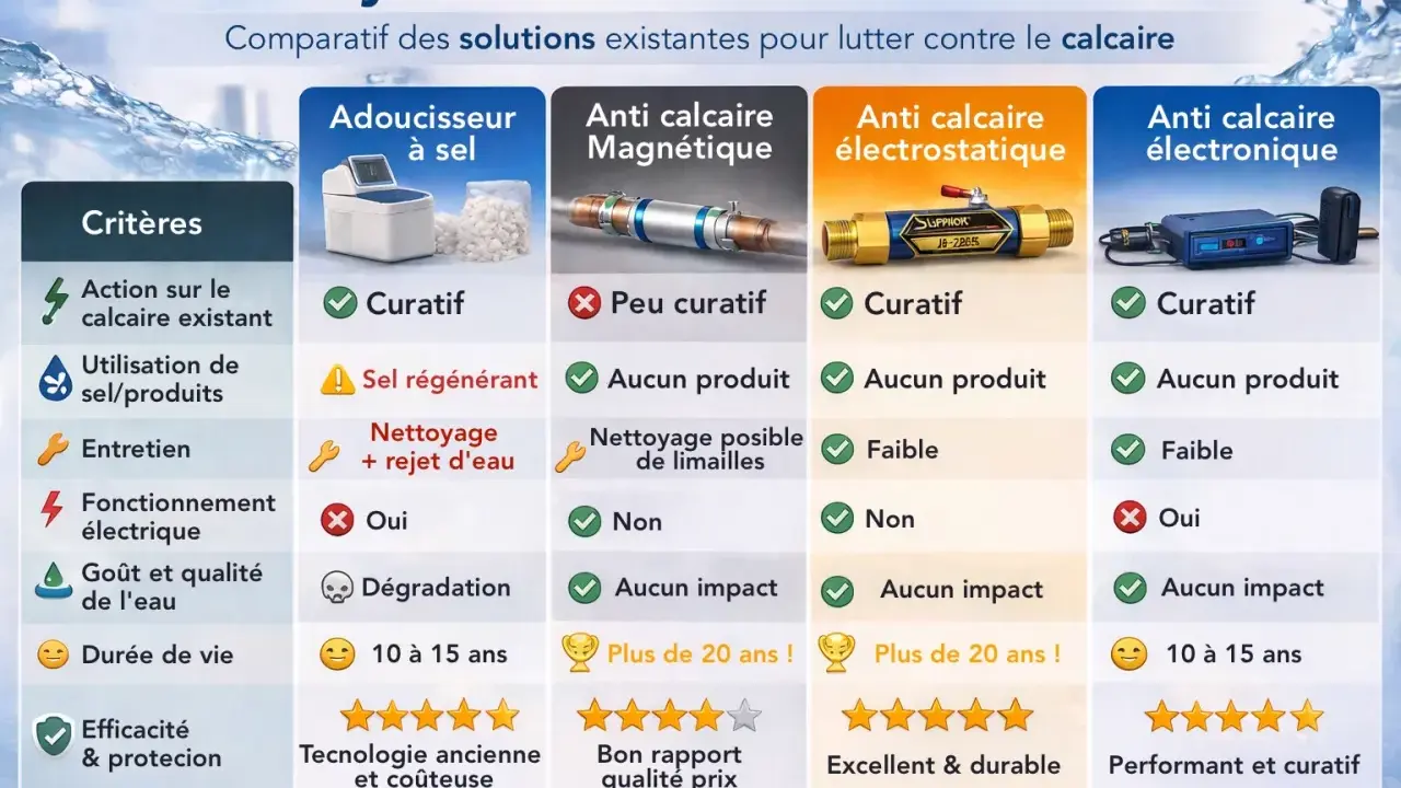 Comparatif des systèmes anti-calcaire. L'adoucisseur à sel, bien qu'efficace, pose un problème d'eau salée et de rejet. Les autres options sont plus écologiques.