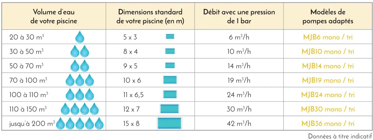 Tableau comparatif des volumes de piscine, dimensions, débits et modèles de pompe adaptés, incluant les options pompe piscine triphasé ou monophasé.