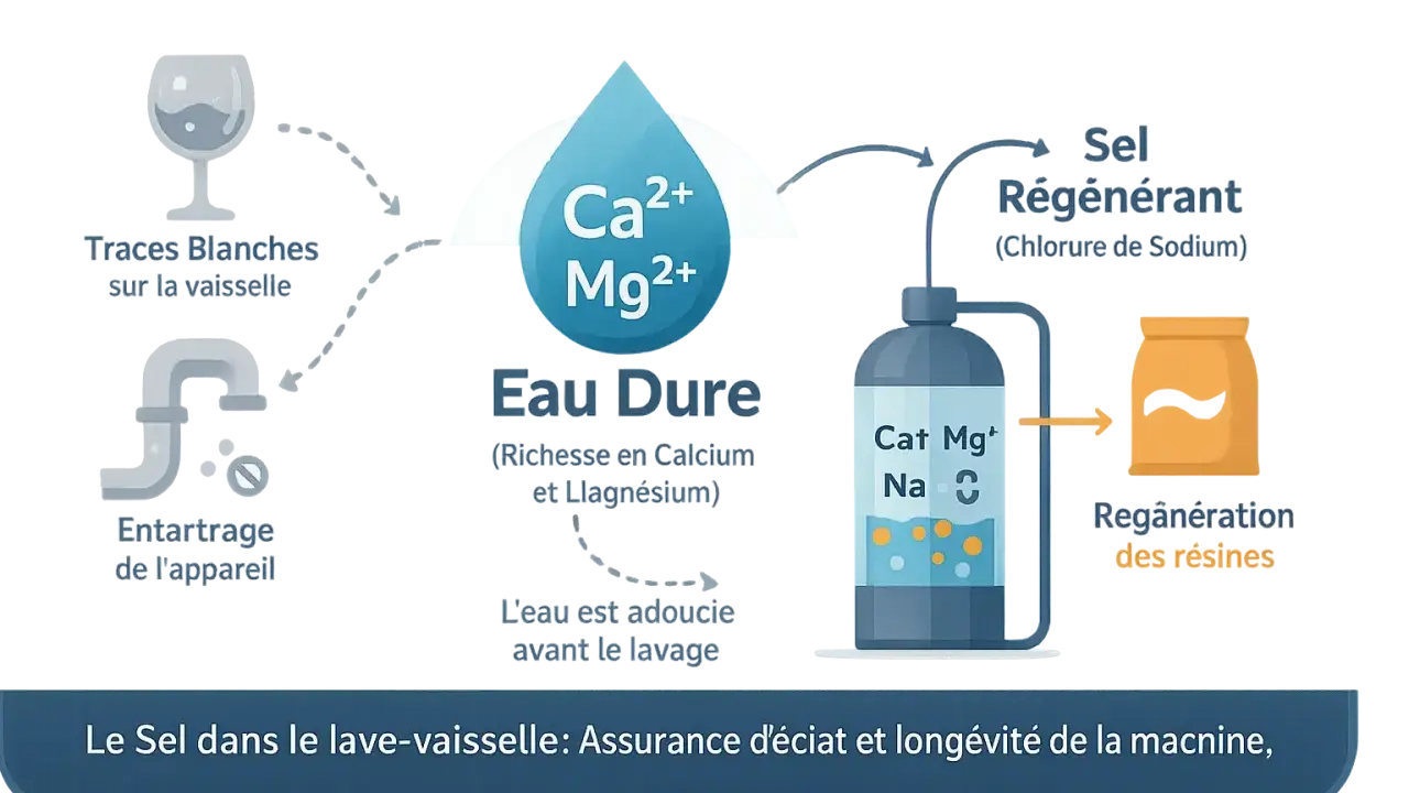Schéma expliquant le rôle du sel régénérant dans un lave-vaisselle pour adoucir l'eau, éviter les traces et l'entartrage.