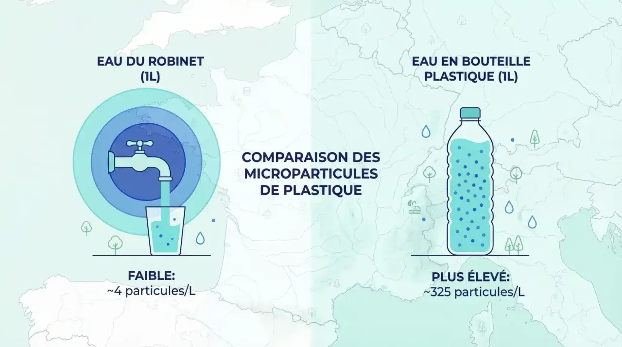 Comparaison : eau du robinet (4 ppm) vs eau en bouteille (325 ppm). L'eau du robinet est bien moins contaminée par les microplastiques.