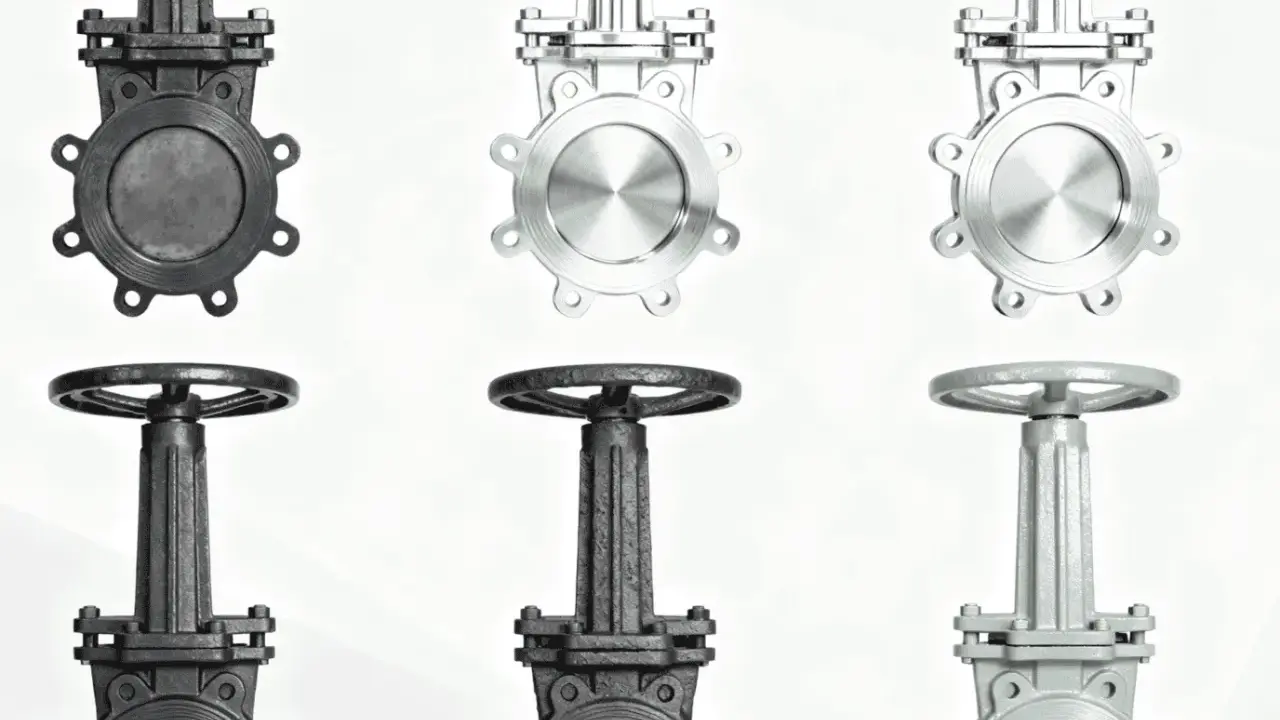 Trois vannes mécaniques, deux en métal sombre, une en métal clair, sur fond blanc.