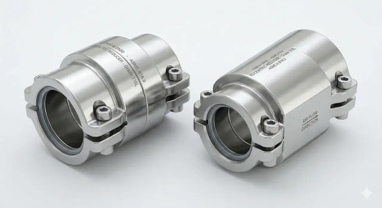 Deux réducteurs excentriques en acier inoxydable, une double bride pour une connexion parfaite.