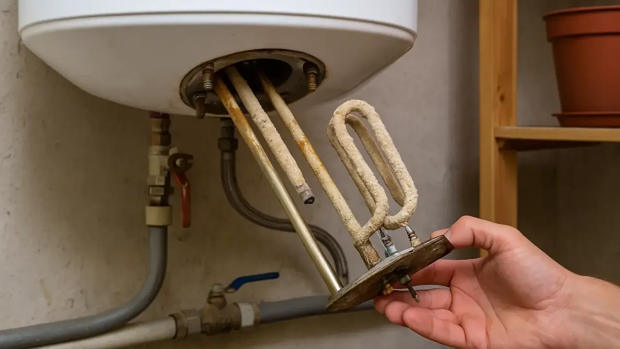Main d'un homme tenant une résistance de chauffe-eau entartrée par le calcaire. L'eau chaude ou froide peut causer ce problème.