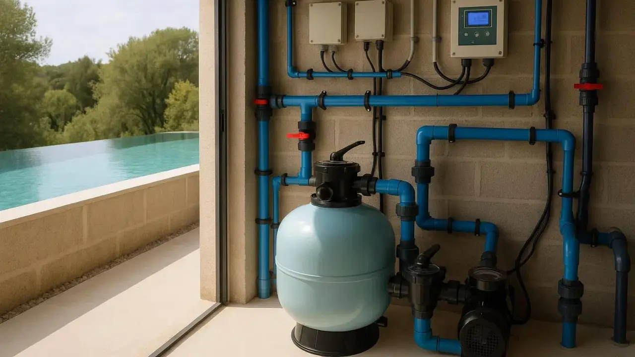 Le plan local technique piscine montre le système de filtration, la pompe et le panneau de contrôle, prêts à maintenir l'eau cristalline.