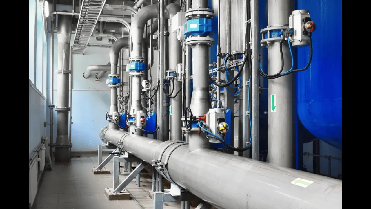 Système de tuyauterie industrielle avec plusieurs vannes à bride bleues et grises, contrôlant le flux dans une usine.