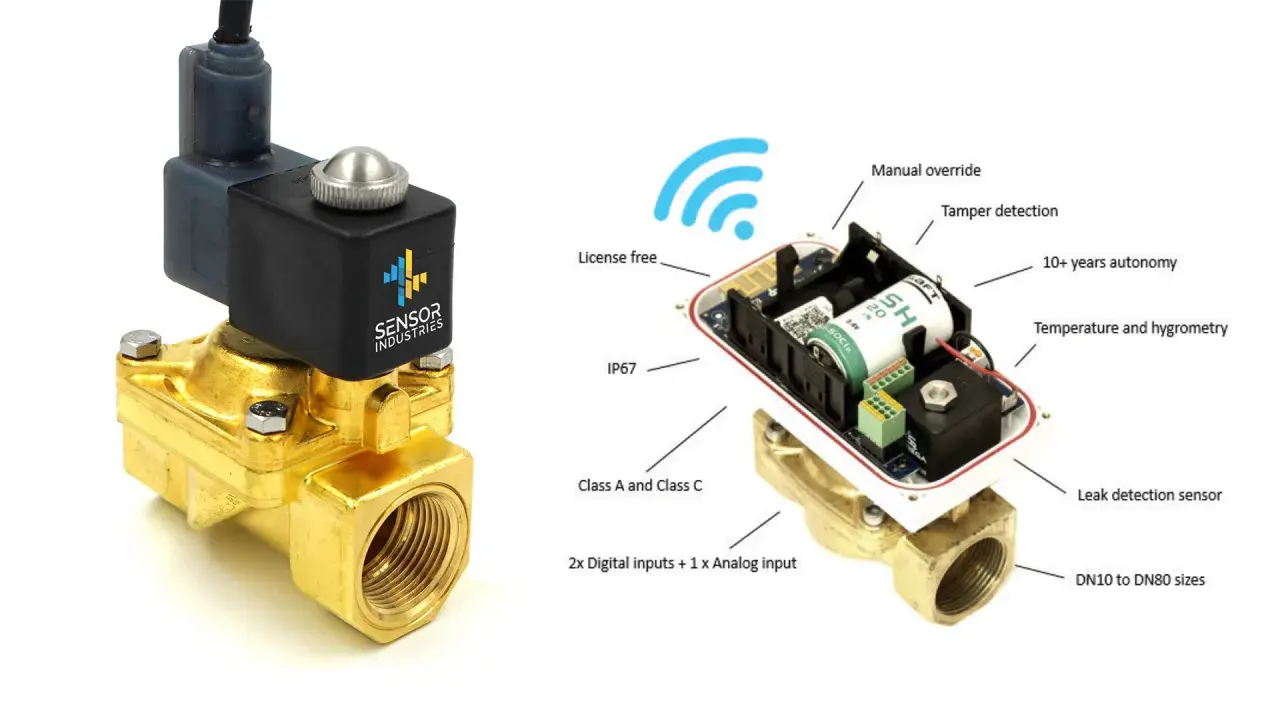 Électrovanne en laiton avec boîtier électronique connecté, étanche et autonome.