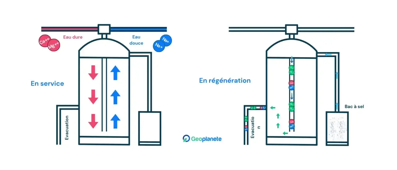 Schéma bypass adoucisseur : en service, l'eau dure (Ca++, Mg++) entre, l'eau douce (Na+) sort. En régénération, le sel du bac régénère la résine.