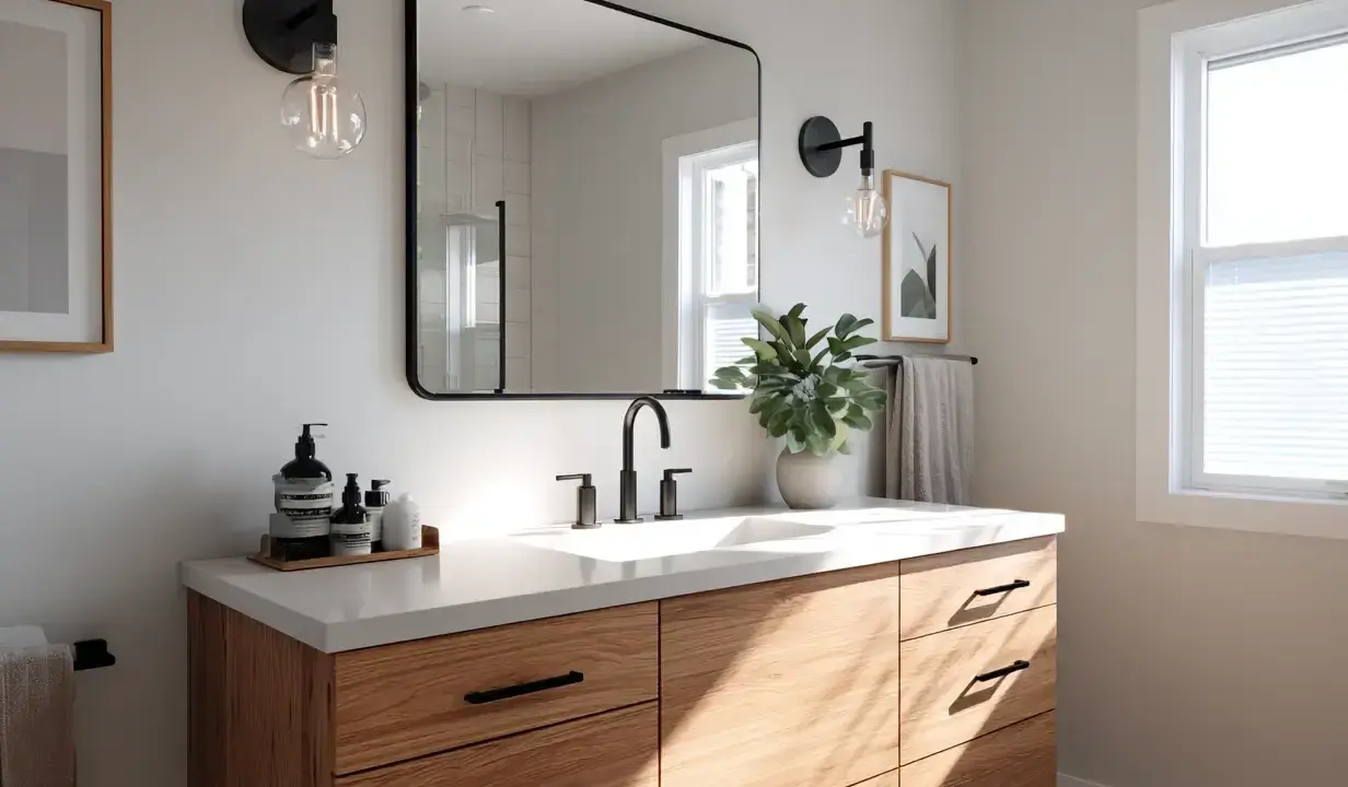 Une salle de bain moderne avec un meuble-lavabo en bois, un grand miroir, des appliques murales et une plante verte. Idéal pour peindre une salle de bain.