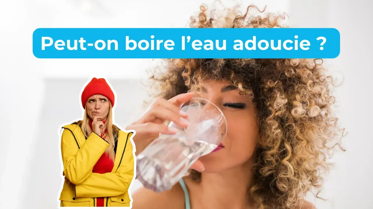Une femme pense à boire de l'eau adoucie, tandis qu'une autre boit un verre d'eau.