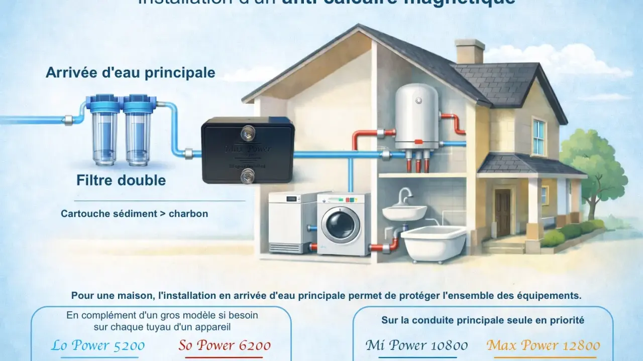 Installation d'un système anti calcaire magnétique pour prévenir la formation du calcaire dans une maison, avec filtre double et appareil Max Power.