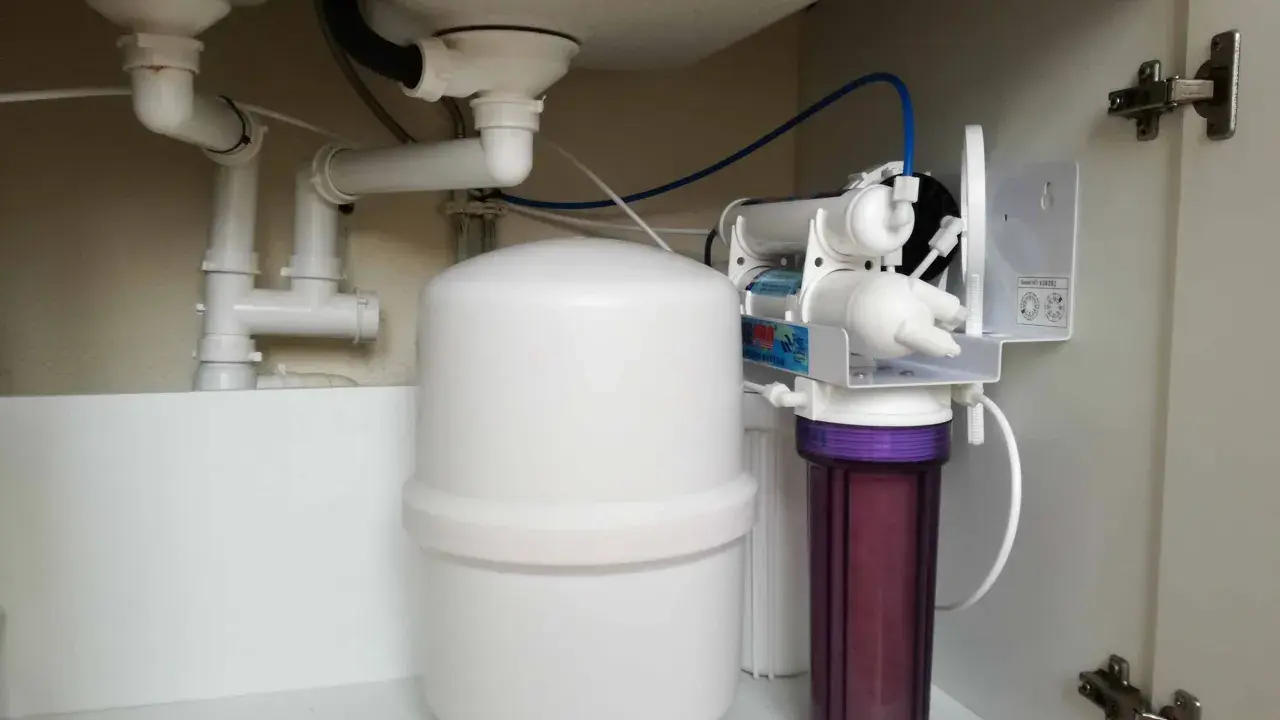 Système de filtration d'eau sous évier avec réservoir et cartouche violette. Installation pour l'évacuation adoucisseur d'eau.
