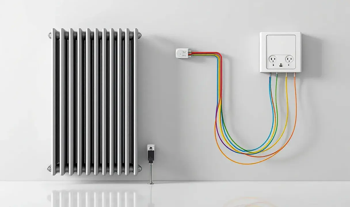 Radiateur argenté avec un branchement radiateur électrique coloré. Un boîtier mural blanc avec prises et câbles arc-en-ciel.