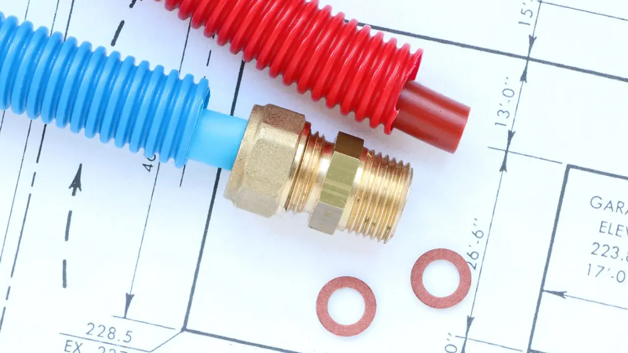 Tuyaux din40 bleus et rouges, raccord laiton et rondelles sur un plan technique.