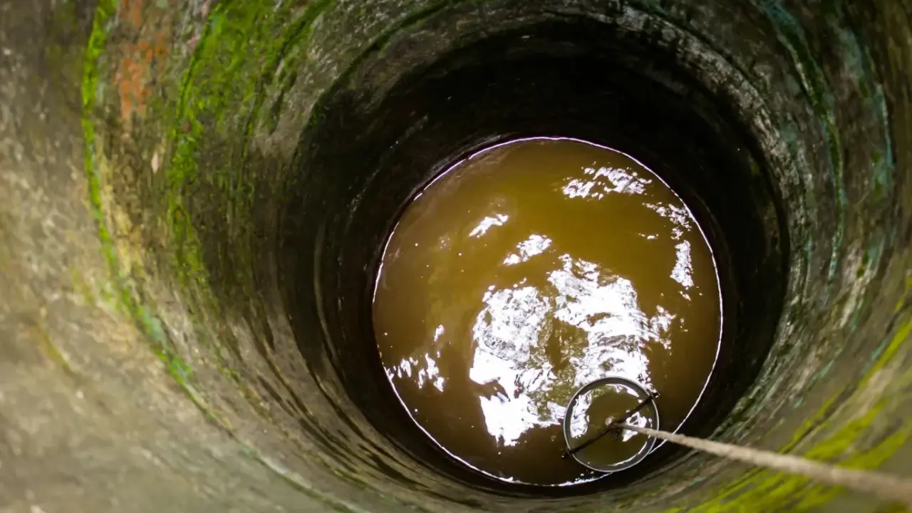 Puits profond avec eau trouble, une corde et un seau pour aider à éliminer le fer dans l'eau de forage.
