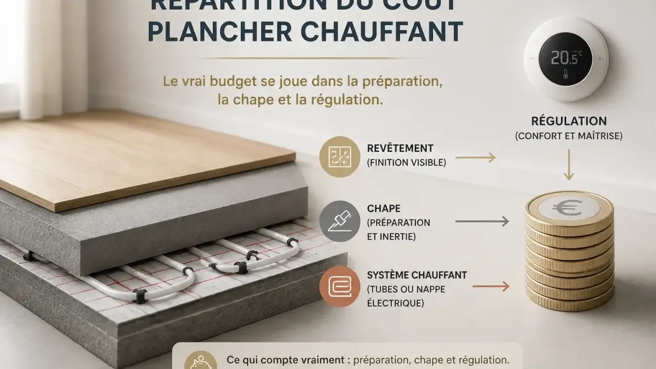 Coupe d'un plancher chauffant montrant la chape, essentielle pour l'inertie et la préparation. Le coût se joue ici.