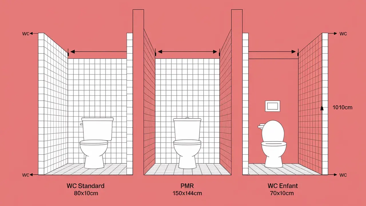 Comparaison des dimensions des toilettes : standard (80x10cm), PMR (150x144cm) et enfant (70x10cm).
