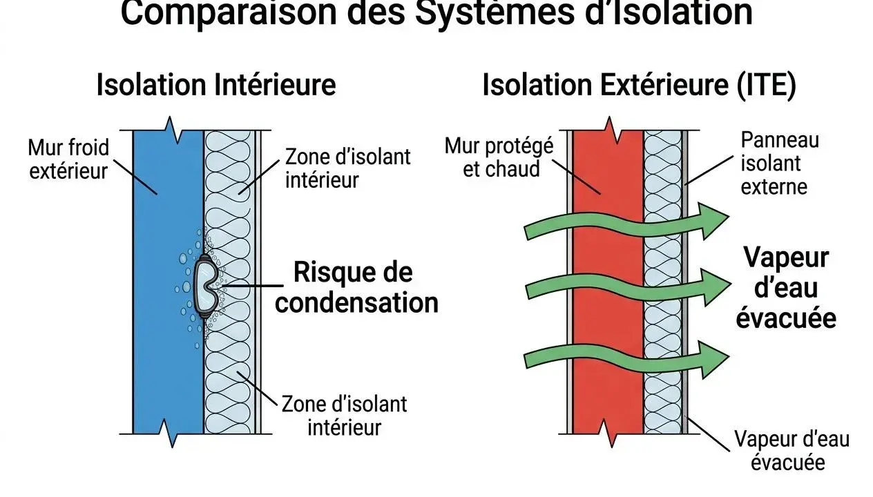 Comparaison isolation intérieure/extérieure. L'isolation intérieure présente un risque de condensation dû à l'effet paroi froide. L'ITE évacue la vapeur d'eau.