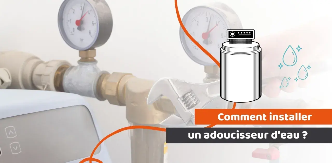 Schéma d'une installation adoucisseur d'eau avec manomètres, clé et gouttes d'eau.
