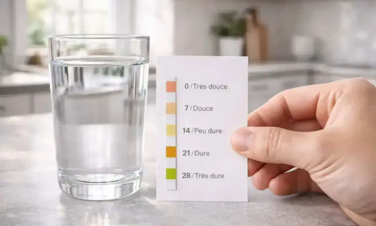 Un verre d'eau potable à côté d'une bandelette test de dureté de l'eau. La bandelette indique une eau douce.