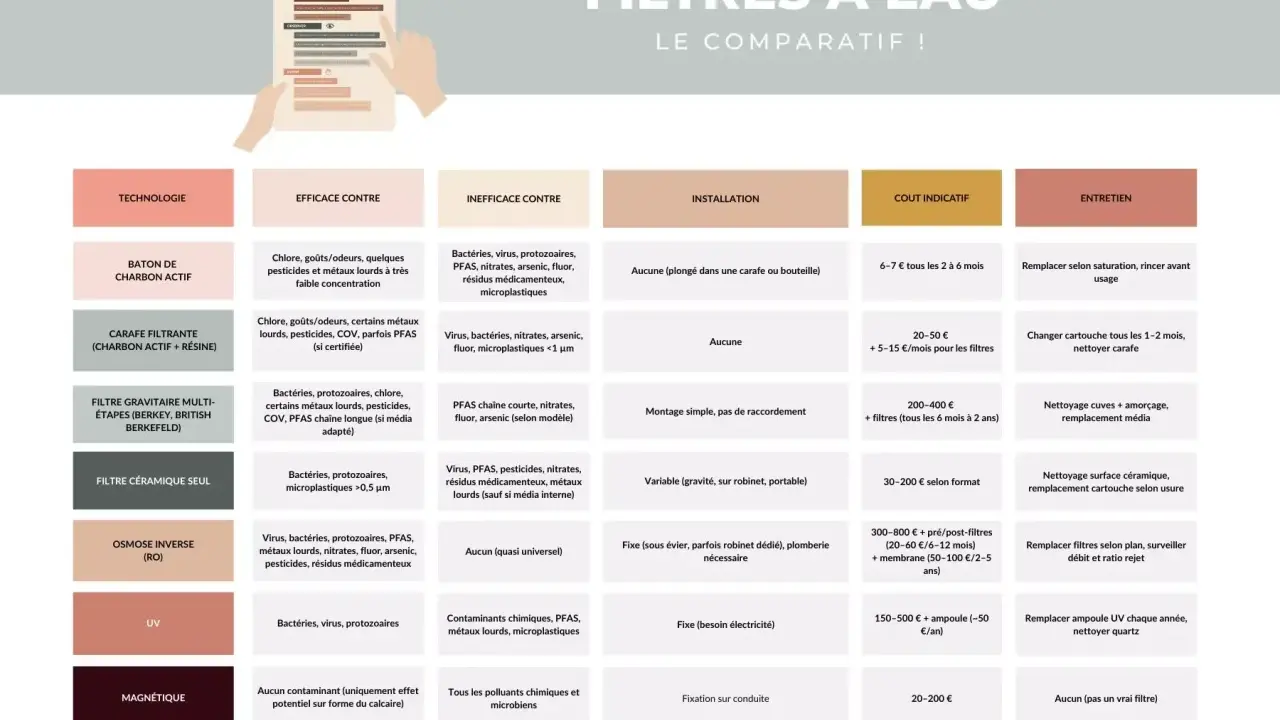Tableau comparatif des filtres à eau : le filtre céramique retient les bactéries et microplastiques >0,5 µm, tandis que le filtre à osmose inverse, plus complexe, élimine virus, PFAS, métaux lourds, etc.