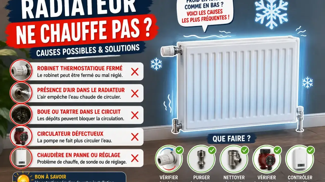 Radiateur froid : causes possibles (robinet, air, boue ou tartre dans le circuit) et solutions. Entretien régulier pour éviter les problèmes.
