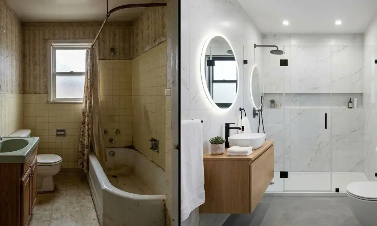 Avant/après d'une salle de bain : d'un espace vieillot à un relooking salle de bain moderne et lumineux avec douche à l'italienne et mobilier suspendu.