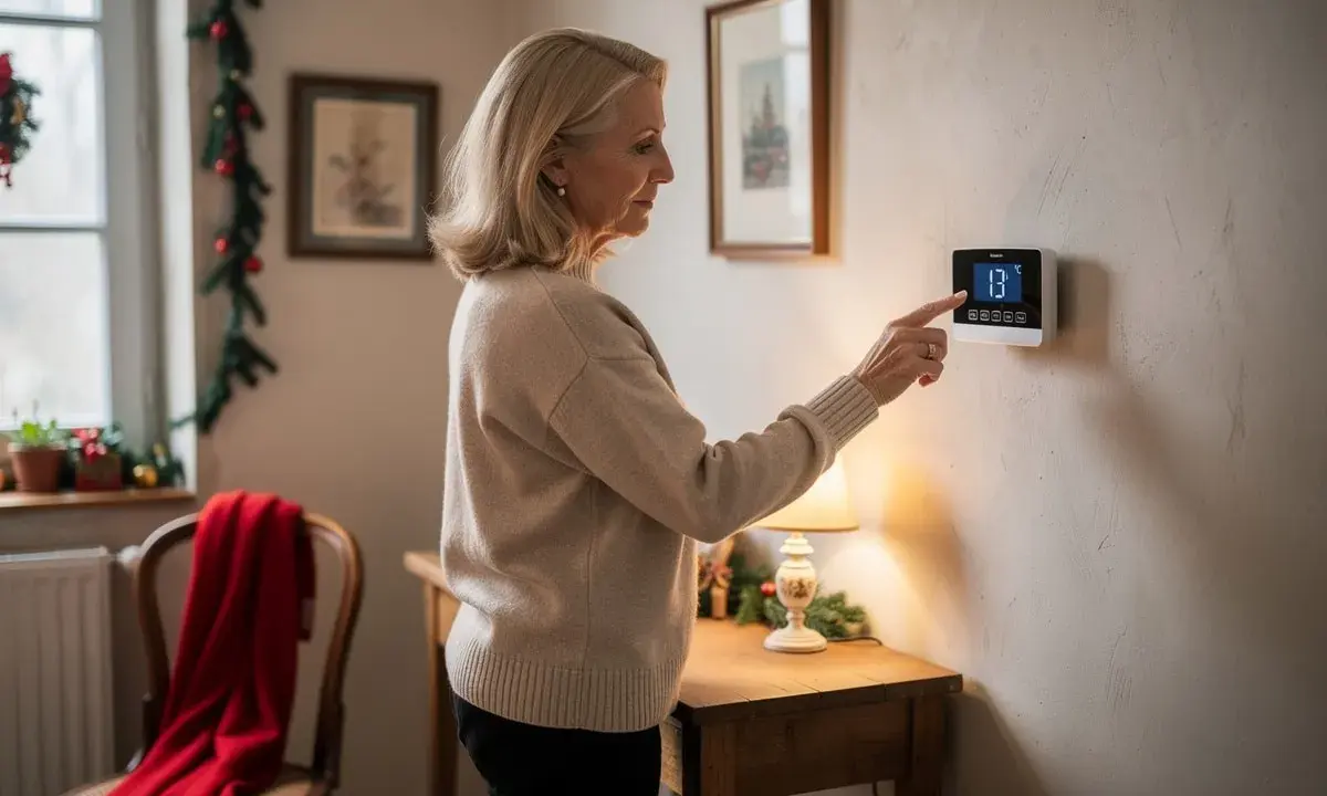 Une femme ajuste le thermostat pour maintenir la température hors gel de sa maison. L'écran affiche 13°C.