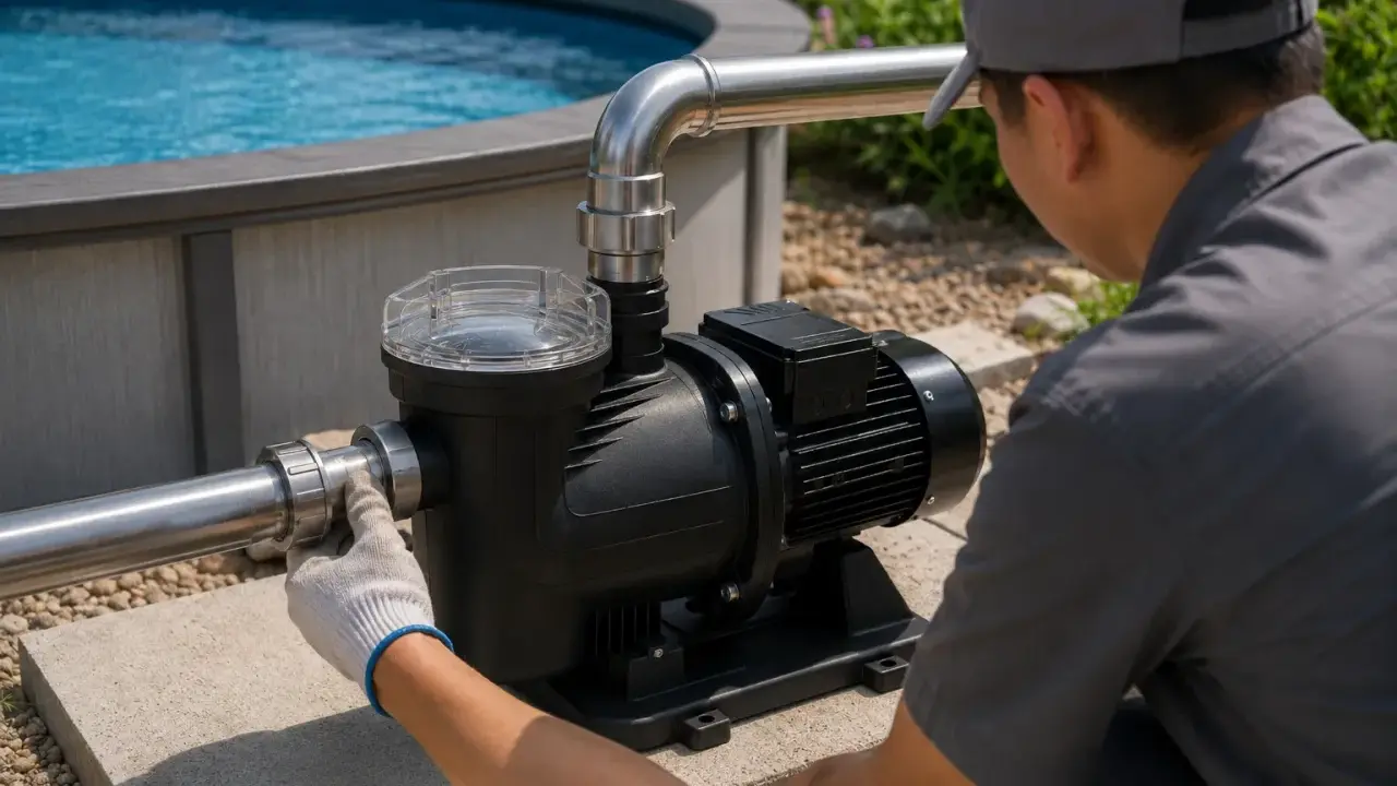 Installation d'une pompe de piscine 1 cv. Un technicien ajuste le tuyau d'une pompe pour optimiser la consommation.