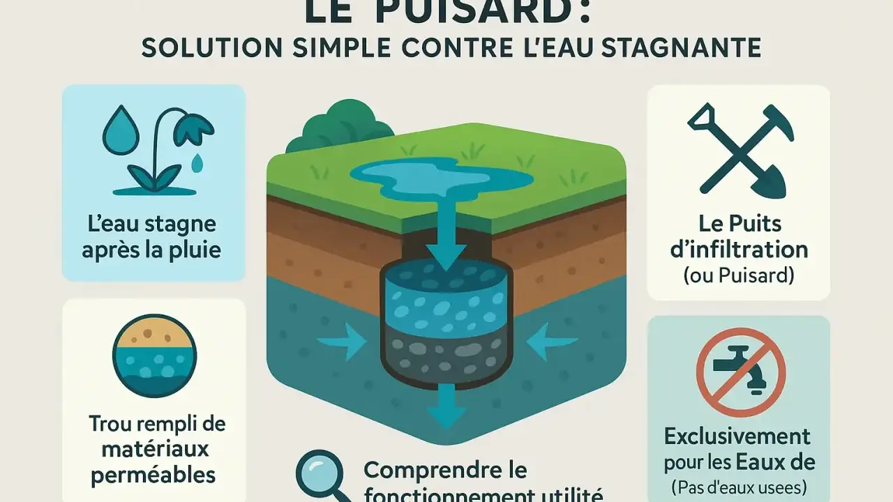 Schéma expliquant le fonctionnement d'un puisard pour le traitement de l'eau de puits. Il montre l'infiltration de l'eau stagnante dans le sol via un puits d'infiltration.