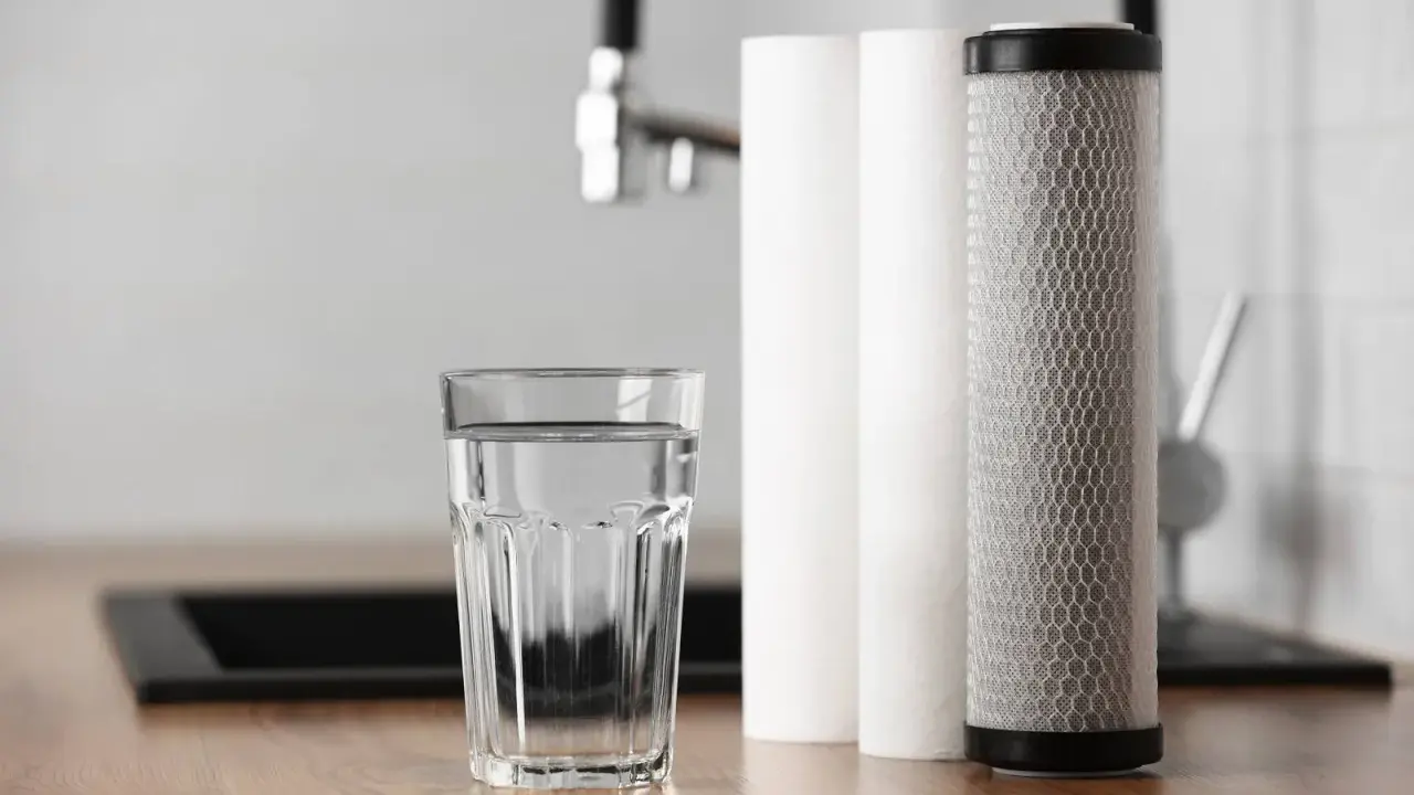 Verre d'eau pure à côté de cartouches filtrantes. Une solution pour la dureté de l'eau à Rouen.