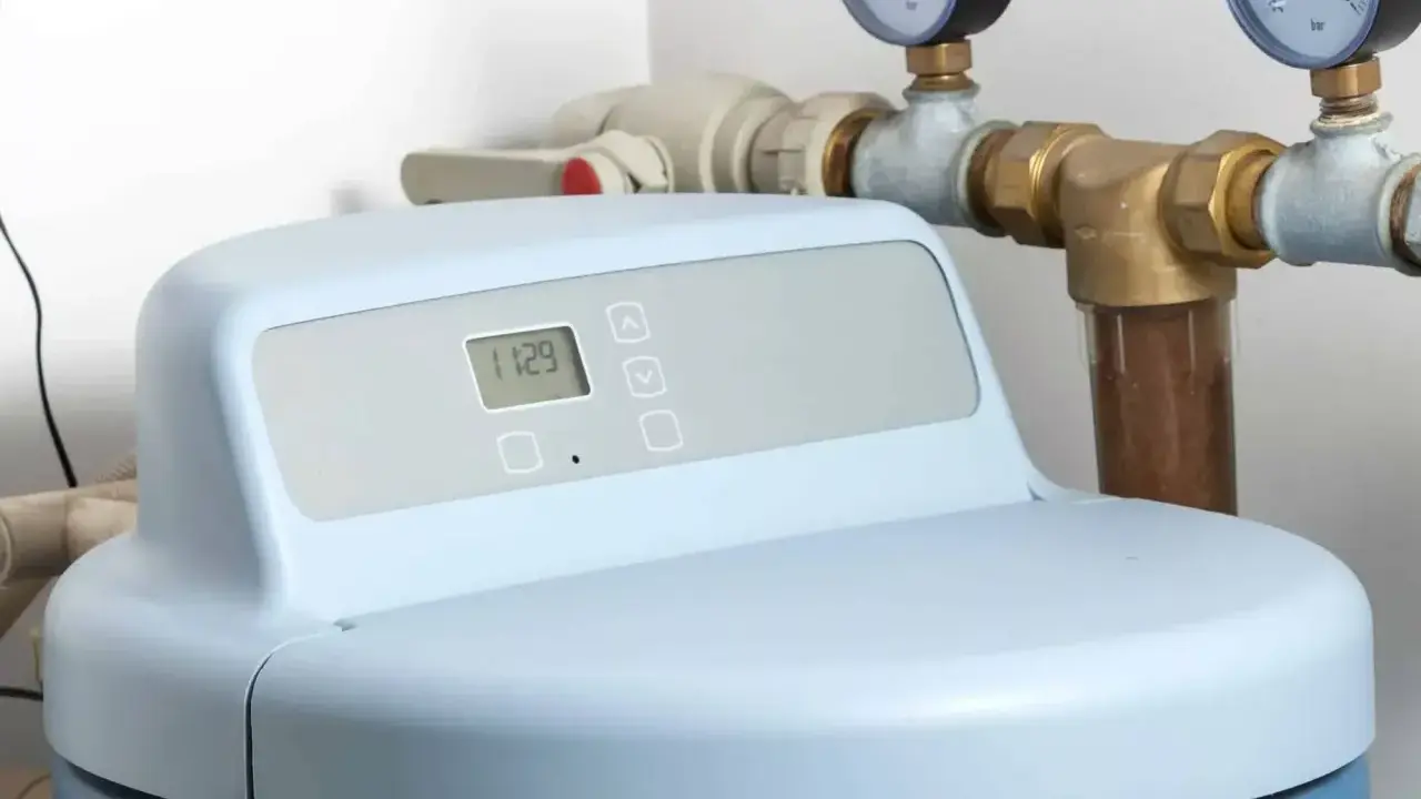 Adoucisseur d'eau moderne avec écran digital affichant l'heure. Les tuyaux et manomètres suggèrent une installation de rupture de charge adoucisseur.