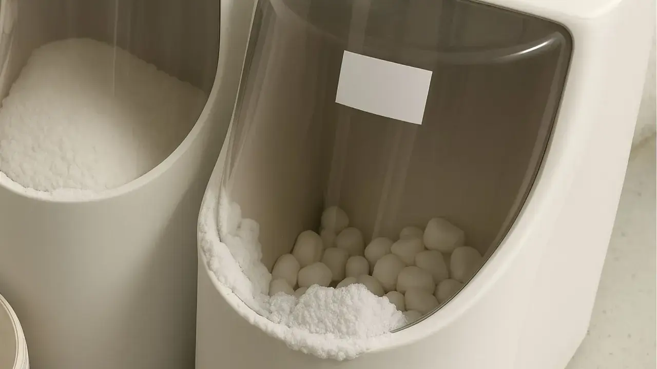 Deux bacs d'adoucisseur d'eau. L'un contient du sel en poudre, l'autre des pastilles de sel. L'eau dans le bac à sel adoucisseur est essentielle.
