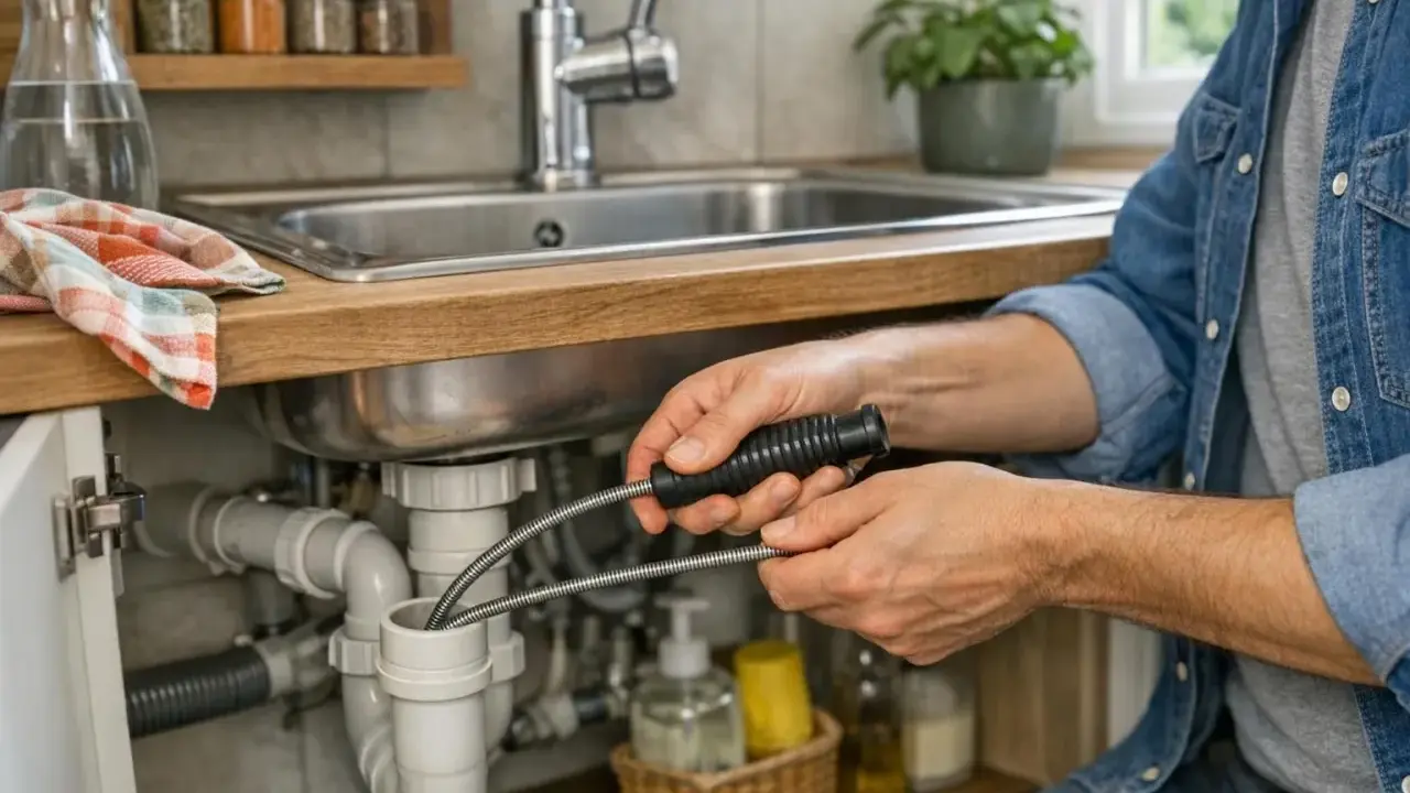 Un homme utilise une aiguille pour déboucher canalisation sous un évier de cuisine. L'outil flexible est inséré dans le siphon pour dégager le bouchon.