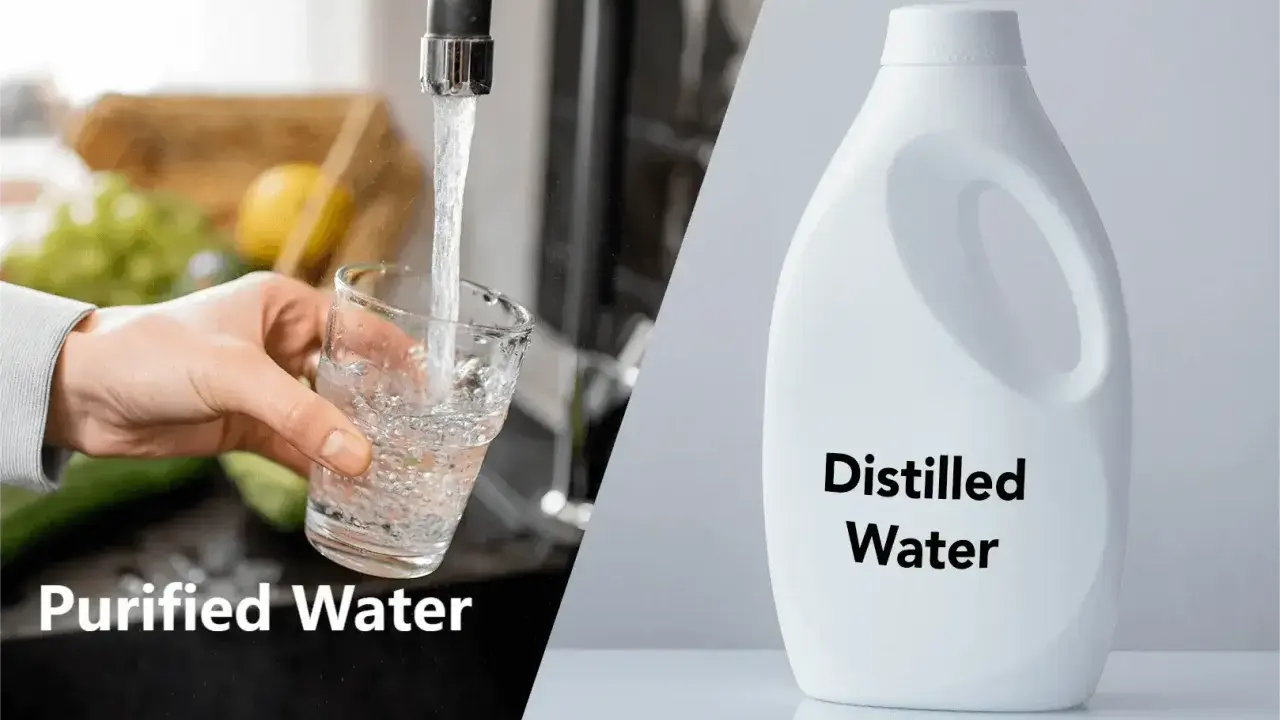 Comparaison visuelle : eau du robinet purifiée dans un verre et une bouteille d'eau distillée. Comprendre la différence eau distillée et déminéralisée.