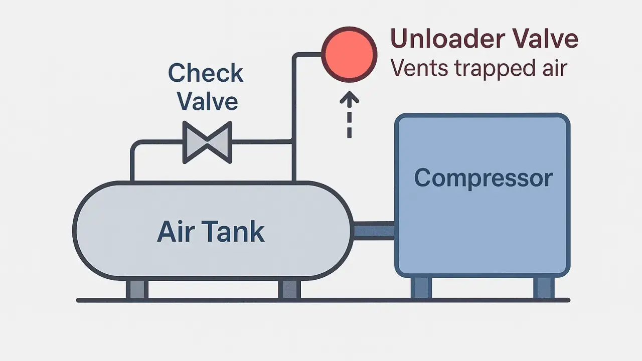 Diagramme d'un compresseur d'air, d'une cuve et d'une soupape de décharge.